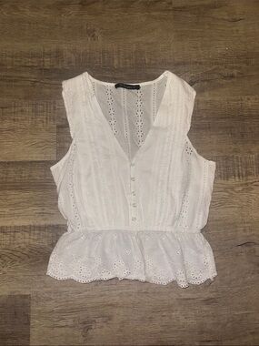 Simplee Apparel White Eyelet Peplum Button-Front Tank